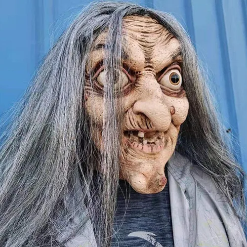 Vista 6 de Máscara de látex humano de cabeza completa para mujer, máscara realista de látex para Halloween, máscara facial de terror para mujeres mayores