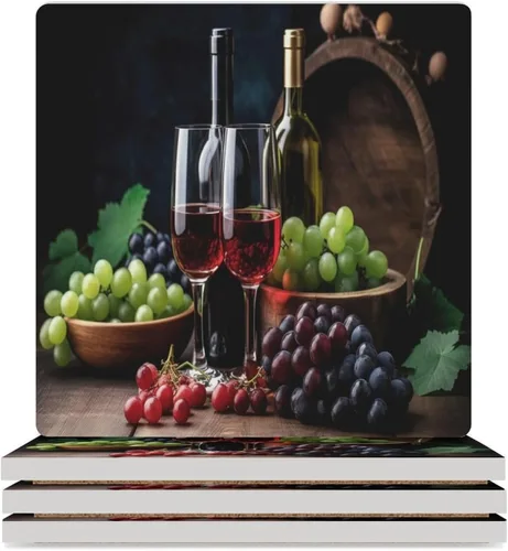 Vista 51 de 4 posavasos de vino tinto, cuadrados y modernos posavasos absorbentes de cerámica, estilo de pintura al óleo, vintage, vino tinto, uvas, rosa