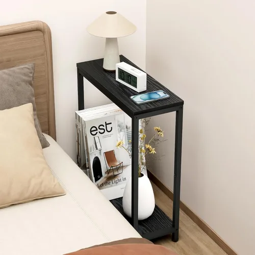 Vista 7 de SLEEPING LAMB Mesa auxiliar estrecha pequeña para espacio pequeño, mesa auxiliar de sofá de 2 niveles, mesa de noche delgada para sala de estar