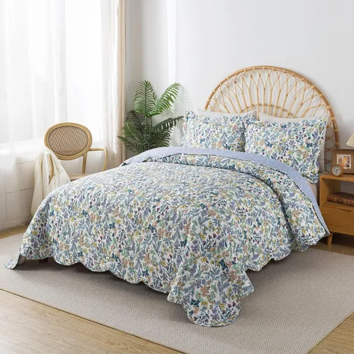 Vista 3 de HoneiLife - Juego de edredón de 3 piezas, colcha ligera de microfibra, diseño de flores silvestres, cubrecamas ligero y botánico, para todas