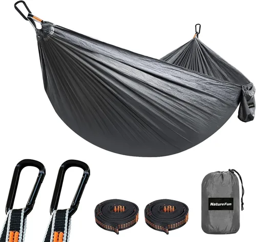 Vista 24 de NATUREFUN Hamaca ultraligera para viajes y camping Capacidad de carga de 300 kg, transpirable, de secado rápido Incluye 2 mosquetones premium, 2