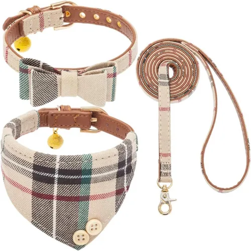Vista 9 de KOOLTAIL Juego de collar y correa para perro pequeño con corbatín y campanas, lindo collar y correa para cachorros con patrón clásico a cuadros Beige