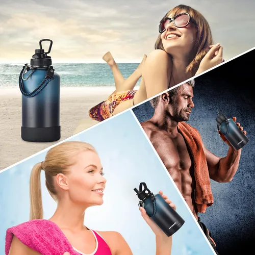 Vista 6 de Botella de agua aislada de 64 onzas con asa de paracaídas, bolsa de transporte y funda de silicona, jarra aislada de acero inoxidable de doble pared
