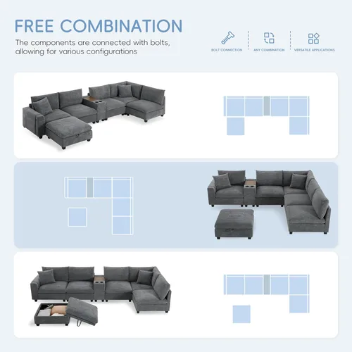 Vista 57 de Sofá modular de 103 pulgadas con 2 consolas acrílicas, juego de sofá en forma de U de gran tamaño con cargador USB, cajones de almacenamiento, Beige