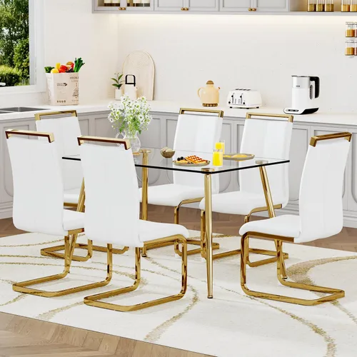 Vista 17 de Juego de mesa de comedor de vidrio Ebullient para 4, mesa de 51" de vidrio templado transparente con patas de metal negro y 4 sillas de acrílico