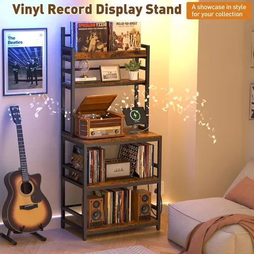 Vista 7 de Soporte para tocadiscos con almacenamiento de vinilo, soporte giratorio de 5 niveles con capacidad para más de 500 álbumes, mesa grande