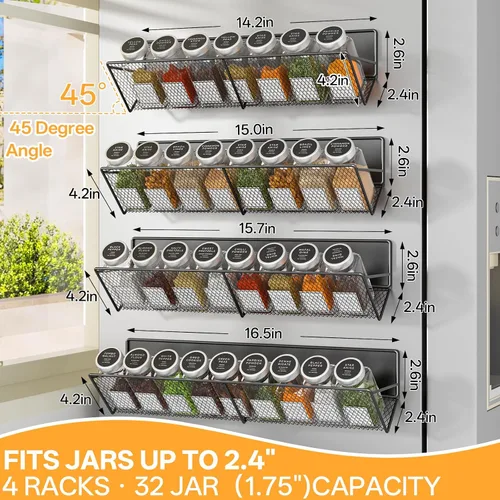Vista 2 de DTUQYX Estante magnético para especias para refrigerador, paquete de 4, estantes magnéticos extra largos y fuertes (14-16.5 pulgadas), organizador