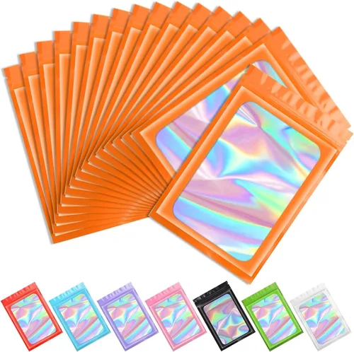 Vista 10 de Funfery 100 bolsas holográficas de Mylar naranja, cremallera resellable
