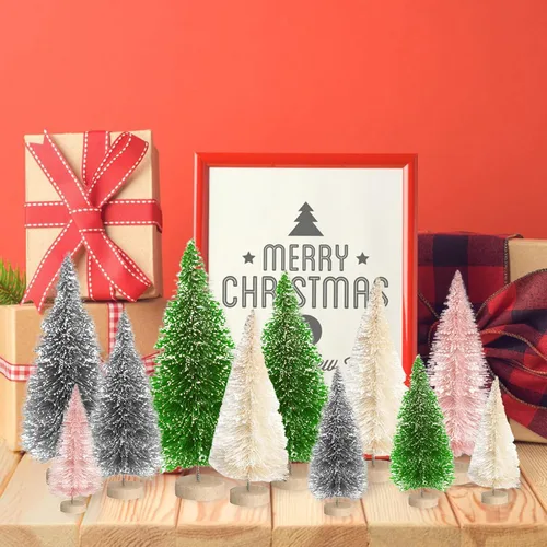 Vista 5 de 8 mini árboles de Navidad, árboles artificiales con base de madera, árboles de Navidad en miniatura de mesa con 4 coronas pequeñas de Navidad