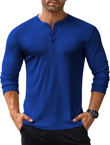Vista 31 de COOFANDY Camisas Henley de manga larga para hombre, camisetas elásticas acanaladas, camisetas básicas casuales de moda