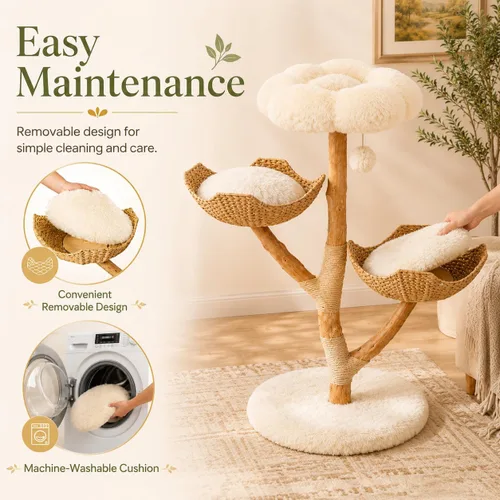 Vista 4 de Erinnyees Árbol para gatos de madera natural de 44.5 pulgadas con 2 camas