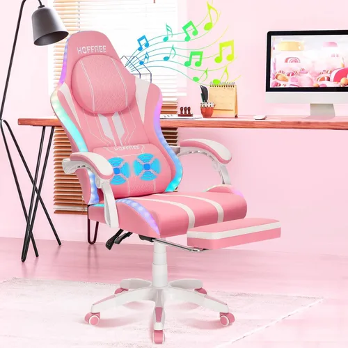 Vista 11 de HOFFREE Silla LED para juegos con altavoces, silla de computadora grande y alta con luces RGB, silla de juego Bluetooth con reposapiés, sillas