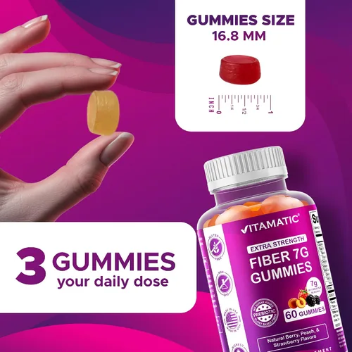 Vista 5 de Vitamatic Gomitas de fibra prebiótica para adultos – 7g de fibra por porción – 60 gomitas a base de pectina de fuerza extra, sin azúcar añadida