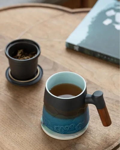 Vista 6 de ZENS Taza de té con infusor y tapa para colador de té de hojas sueltas, taza de té de cerámica de 15.2 oz con coladores de té finos y posavasos