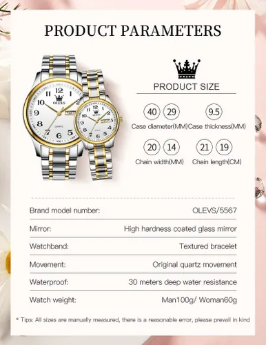 Vista 44 de OLEVS Juego de 2 relojes de cuarzo para parejas de San Valentín, calendario luminoso, ventana de fecha, 3 ATM, impermeable, casual, acero