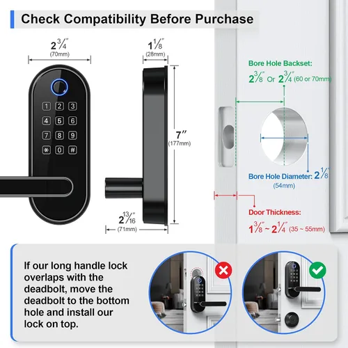 Vista 8 de Cerradura inteligente de huellas dactilares Bluetooth con mango y teclado. Se adapta a la mayoría de puertas de EE. UU., instalación de bricolaje