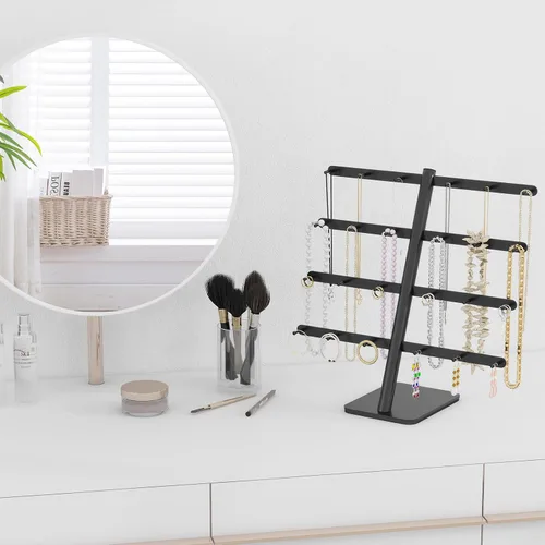 Vista 8 de Soporte organizador de joyas, organizador de 4 niveles, soporte para aretes con 24 ganchos, soporte de exhibición de aretes de collar de joyería
