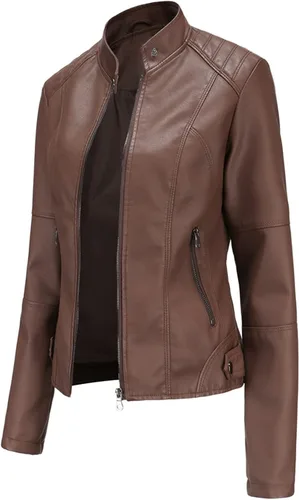Vista 8 de DEAR MODEL Chaqueta de cuero sintético para mujer, chaqueta de motocicleta con cinturón para mujer, Marrón