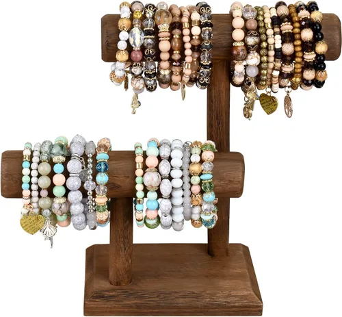 Vista 3 de Ikee Design Torre de exhibición de relojes de pulsera de madera de 2 niveles, soporte de almacenamiento para collar, 7.9 pulgadas de ancho x 4.3