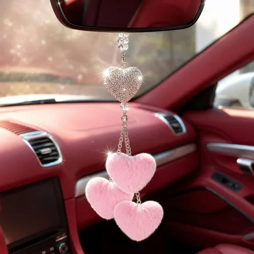 Vista 10 de Frienda Espejo retrovisor rojo para mujer, accesorios brillantes con forma de corazón con diamantes de imitación para colgar en el espejo trasero