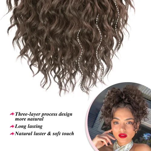 Vista 4 de Extension de cabello con moño desordenado, textura Yaki, con cabello suelto, ondulado y rizado, corto, con cordón de ajuste, extensiones de cola