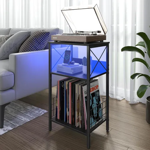 Vista 2 de Sthmec - Mesa auxiliar de 3 niveles con estación de carga, tocadiscos LED para almacenamiento de vinilo, estante de discos para álbumes, mesas Negro