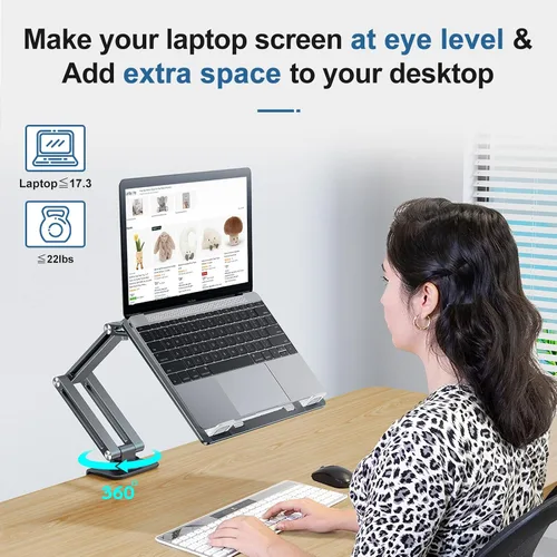 Vista 4 de Soporte para computadora portátil para escritorio, soporte de brazo para tableta con rotación de 360°, bandeja de aluminio ajustable para laptop