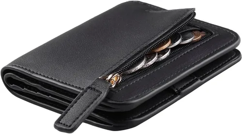 Vista 20 de Toughergun Cartera pequeña de cuero delgada para mujer con protección RFID, mini monedero bifold compacto con ventana de identificación transparente