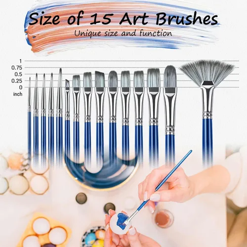 Vista 4 de Rosmax - Pinceles de pintura para artistas, pelo de nailon y 15 tamaños diferentes para pintura acrílica, óleo, acuarela, tela, ideal para niños