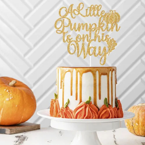Vista 3 de Decoración para tartas con purpurina dorada "A Little Pumpkin is on His Way", calabaza Oh Boy/A Little Pumpkin is on the Way, decoración de fiesta