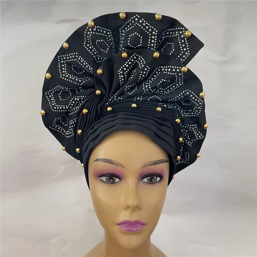 Vista 5 de Diadema de gel Nigeriano Aso Oke Auto con cuentas y piedras ya hechas africanas para mujer
