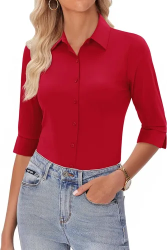Vista 9 de siliteelon Camisas con botones para mujer, manga 3/4, elástica, ajustada, sin arrugas, cuello para negocios, trabajo, tops