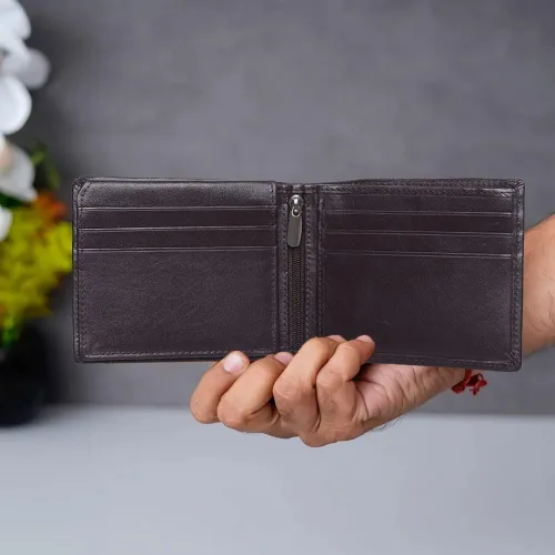 Vista 2 de Succor Cartera India de piel de alta calidad, 9 tarjetero, cremallera media, Marrón, Bifold