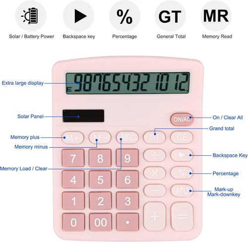 Vista 5 de Calculadora de escritorio con pantalla LCD de 12 dígitos, doble potencia, compacta y ligera, pantalla fácil de leer, duradera para negocios, escuela