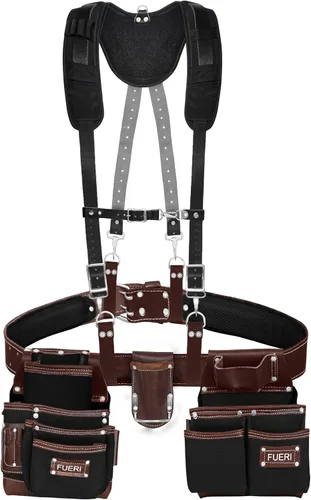Vista 10 de Cinturón de herramientas de cuero chocolate para hombres con funda de doble martillo, viene con bolsas de herramientas, cinturón no acolchado