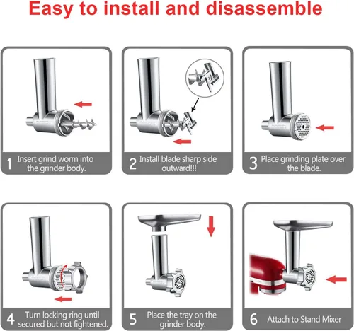 Vista 5 de COFUN Picadora de carne para batidora KitchenAid, molinillo de alimentos de metal con 4 placas de molienda, 3 tubos de relleno de salchichas, 2