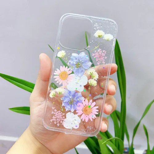 Vista 4 de Abbery Funda diseñada para iPhone 13 Pro con diseño de flores prensadas con purpurina y diseño de goma de silicona suave, diseño de flores reales