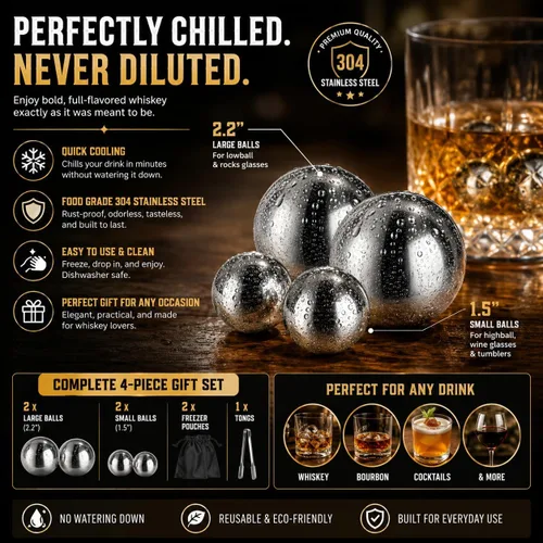 Vista 6 de G&J's Finest Premium - Juego de 4 bolas de acero inoxidable para whisky, 2 bolas extragrandes y 2 de gran tamaño con bolsas para congelador y pinzas