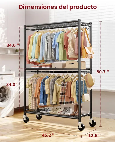 Vista 2 de Sakugi Perchero para ropa – Perchero doble para colgar ropa con ruedas y pies niveladores, armario de gran capacidad con estantes para dormitorio