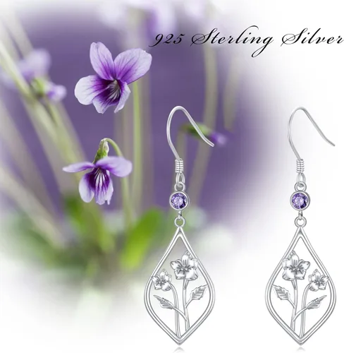 Vista 5 de Aretes de flor de nacimiento de plata de ley, aretes de gota de flor de mes de piedra natal, regalos de joyería de cumpleaños