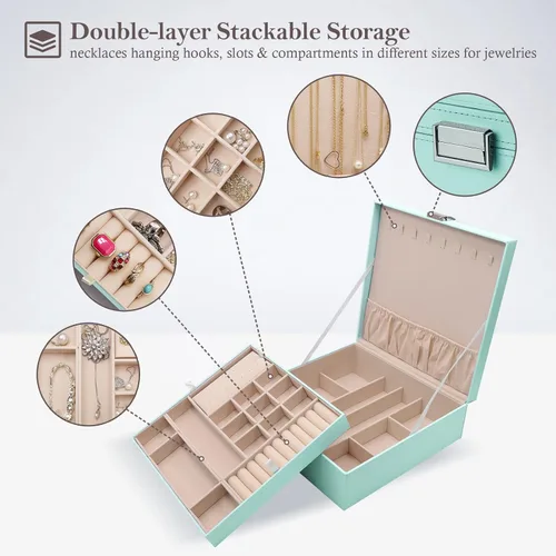 Vista 2 de ProCase - Joyero grande de cuero con dos niveles para organizar aretes, pulseras, anillos, relojes, para mujeres, niñas, regalo ideal para novia