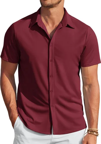 Vista 19 de COOFANDY - Camisas sin arrugas para hombre, casual, manga corta, con botones, de verano, elástica, de vestir