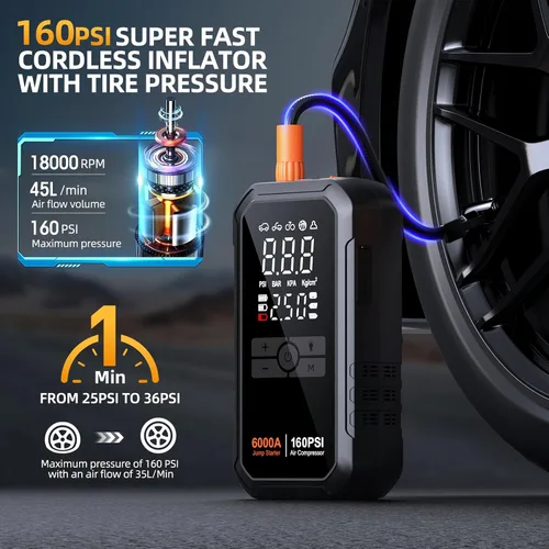Vista 3 de Iniciador de 10 en 1 con compresor de aire 6000A 26800mAh 160PSI Iniciador de batería de coche portátil (todo gas/12L diésel), caja de arranque
