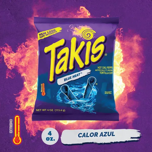 Vista 3 de Takis Blue Heat Rolled Tortilla Chips, chile picante aromatizado artificialmente, bolsa de 4 onzas