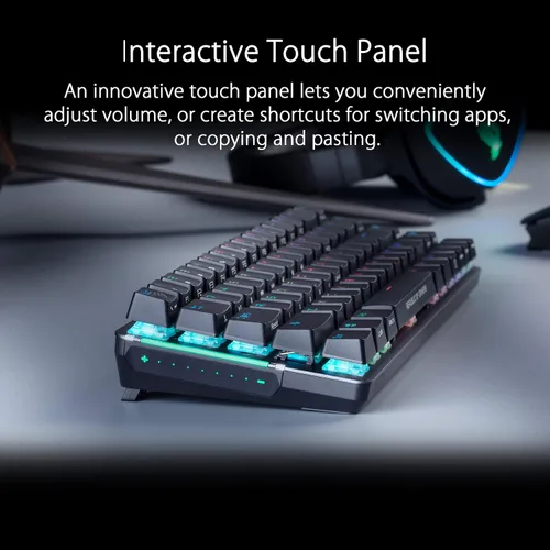 Vista 3 de ASUS ROG Falchion Teclado mecánico inalámbrico 65% para juegos 68 teclas, Aura Sync RGB, duración de batería extendida, panel táctil interactivo