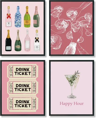 Vista 15 de ULEGIE Decoración de pared de bar, decoración de carrito de bar, decoración de pared retro de cóctel de champán, juego de 4, póster de bar