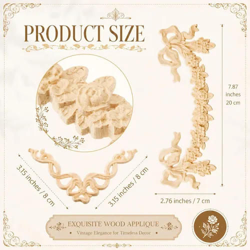 Vista 2 de Yalikop 5 piezas de apliques de arco de madera, apliques decorativos de arco de madera para muebles, rosa para puerta de cama, pared, armario