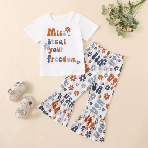 Vista 45 de Eadrioss Ropa para bebé niña pequeña, traje de campana de manga corta, camisa de flores para niños, pantalones florales acampanados, ropa de verano