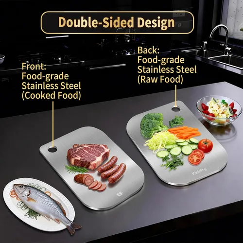 Vista 3 de KickFry Tabla de cortar de acero inoxidable para cocina, tabla de cortar de acero inoxidable de 13 x 9 pulgadas, tabla de cortar de doble cara