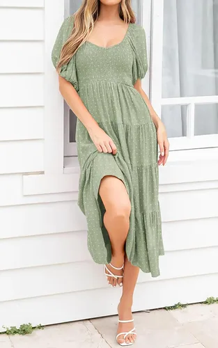 Vista 6 de PRETTYGARDEN Vestidos de primavera 2024 para mujer, manga abombada, cuello en V, punto suizo, cintura alta, vestido de gasa con escalones, vestidos